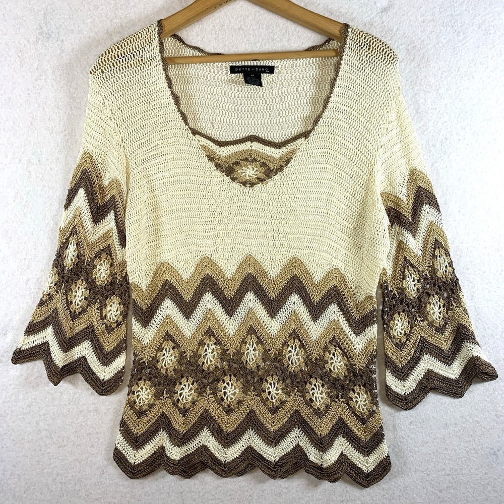 Womens Silk Blend Open Knit Crochet Sweater Top Sz M Boho Chevron‎ Short Sleeve